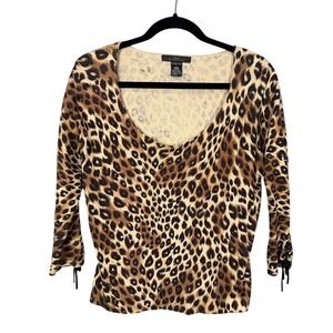 SILX BY AUGUST SILK Leopard‎ Print Stretch Knit Top Women's Large Lace Up Sleeve